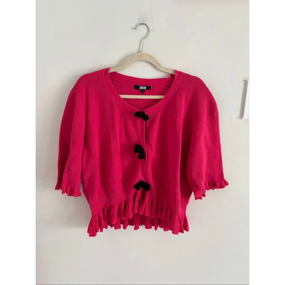 ASOS Hot Pink Button-Up Cardigan Size 20 Flutter Sleeve Front Bow Detail